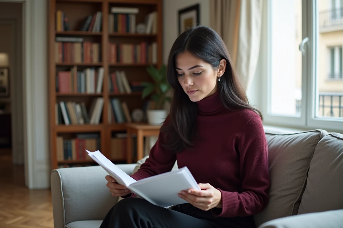 Femme brune en pull bordeaux lisant dans un appartement parisien moderne, atmosphère intime et domestique, illustration de la vie privée d'une personnalité publique
