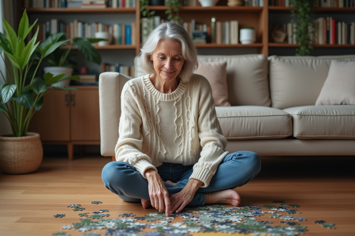Femme d'âge moyen assemble un puzzle dans un salon cosy