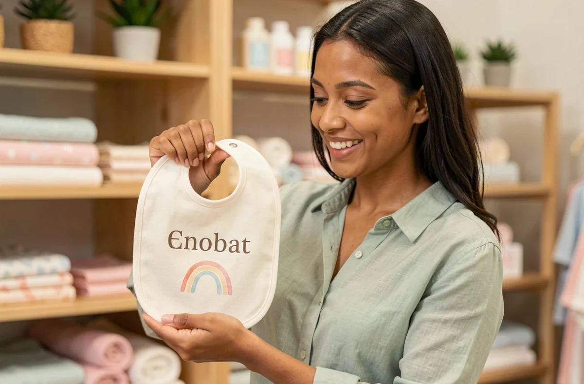 Femme tenant un bavoir personnalisé imprimé dans une boutique de puériculture lors d'une baby shower