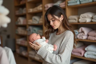 Femme examinant un bebe reborn dans une boutique chaleureuse