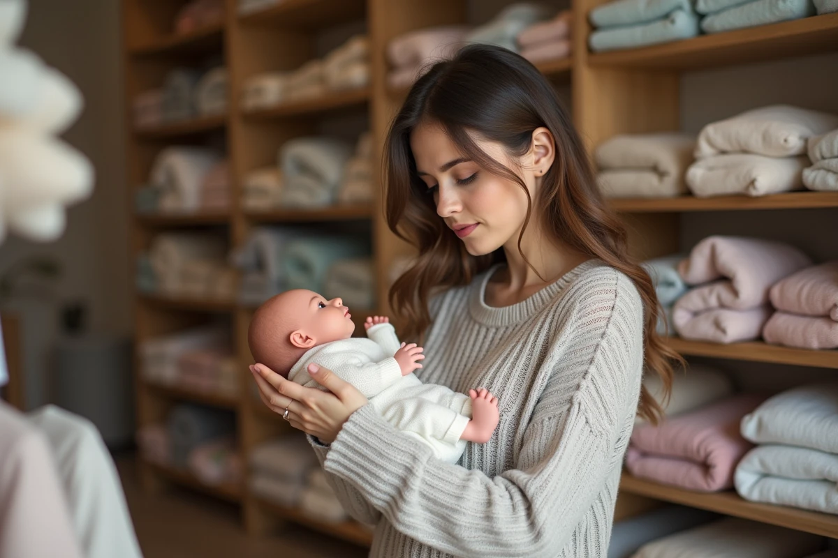 Femme examinant un bebe reborn dans une boutique chaleureuse