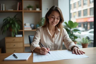 Jeune femme professionnelle organisant un calendrier dans un bureau moderne