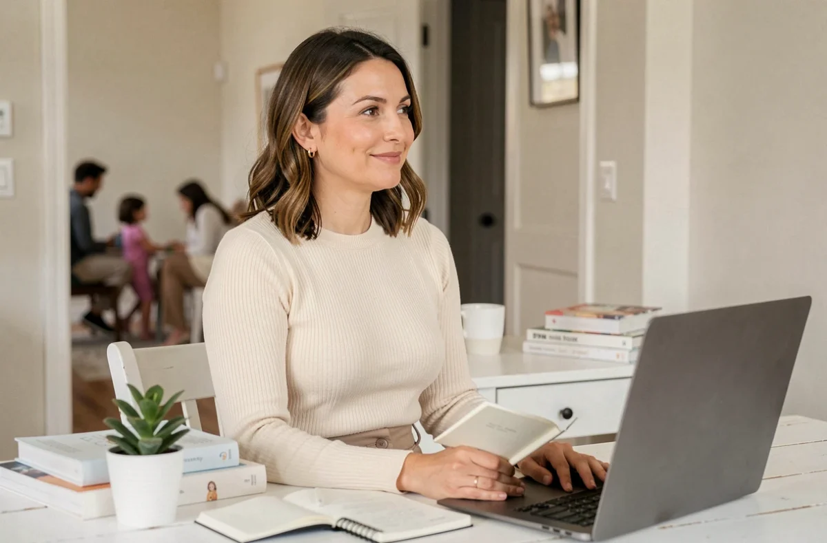 Femme épanouie consultant des conseils parentaux sur un ordinateur portable dans un bureau à domicile lumineux et bien rangé