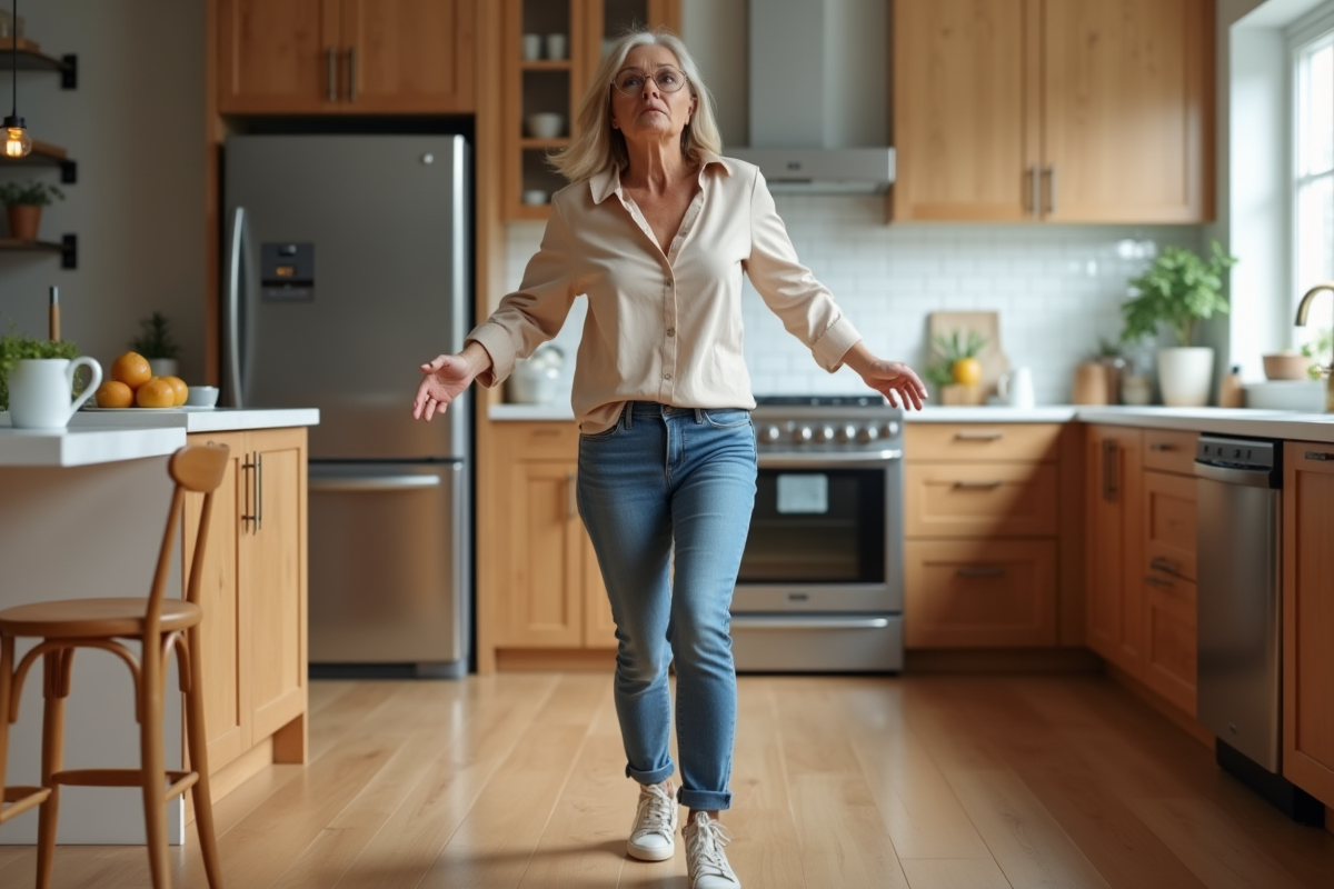 Femme surprise dans la cuisine moderne lors d'une chute