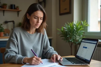 Femme consultant des documents administratifs de la CAF à son domicile pour une demande d'aide financière