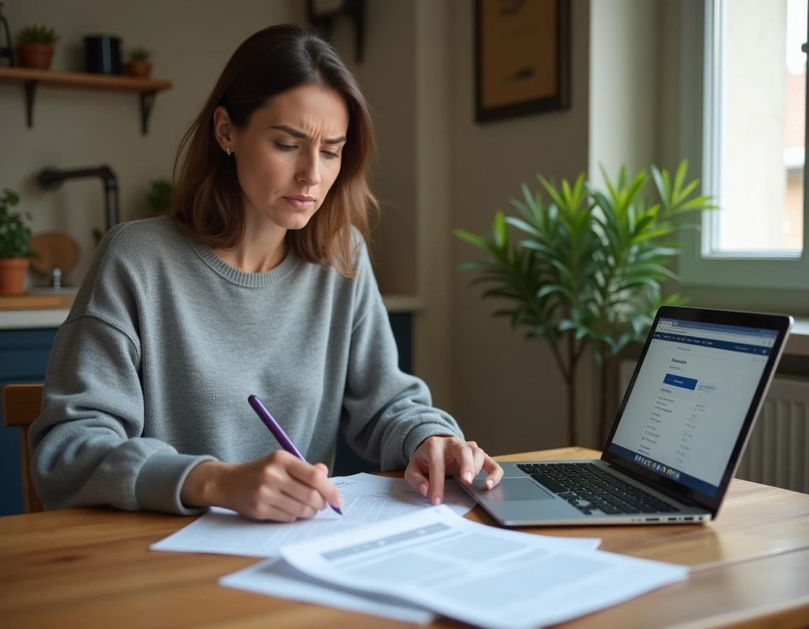 Femme consultant des documents administratifs de la CAF à son domicile pour une demande d'aide financière