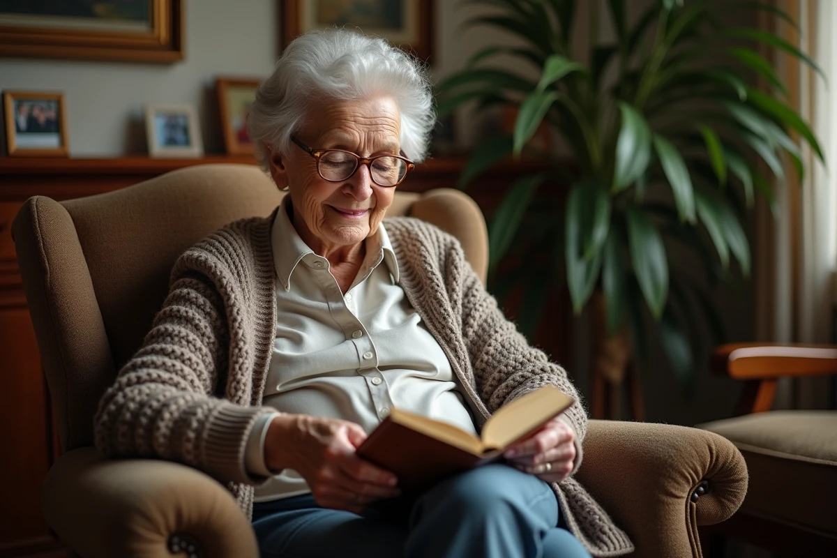 Femme âgée lisant un poème dans un fauteuil vintage