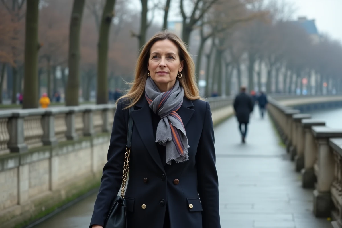 Femme élégante se promenant seule au bord de la Seine à Paris évoquant la discrétion de la vie personnelle