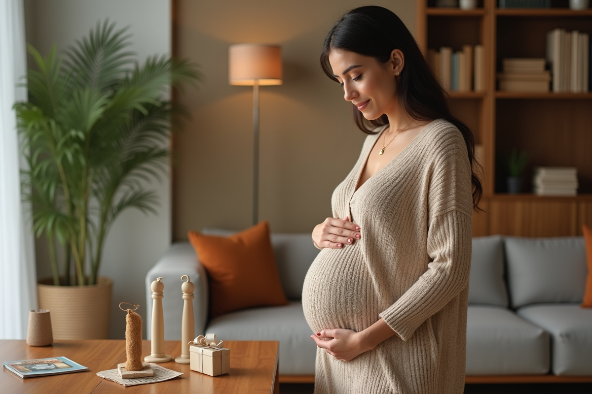 Femme enceinte dans un salon examine des bolas de grossesse