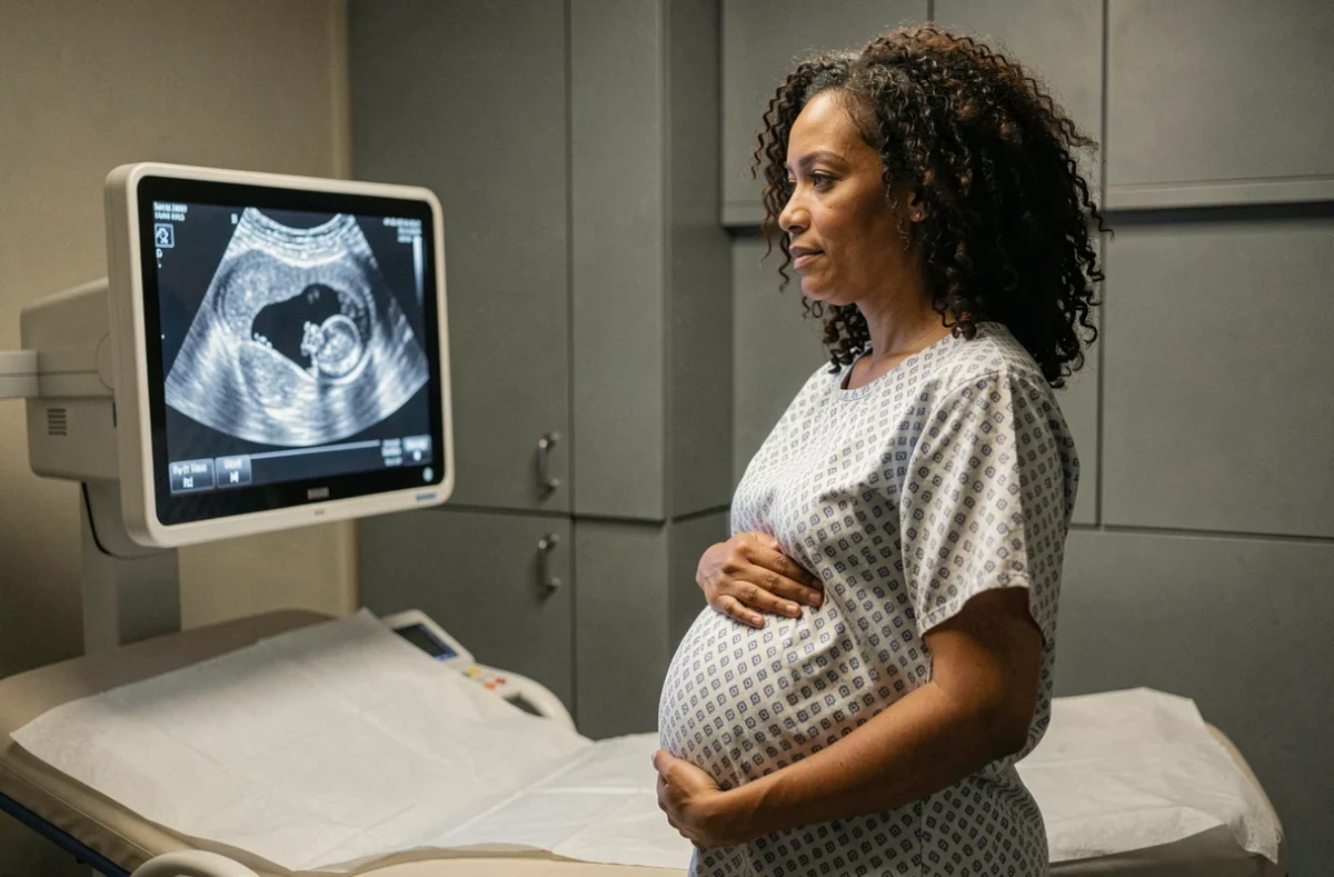 Femme enceinte de jumeaux regardant une échographie dans une salle médicale moderne, illustrant l'âge et l'origine comme facteurs de gémellité
