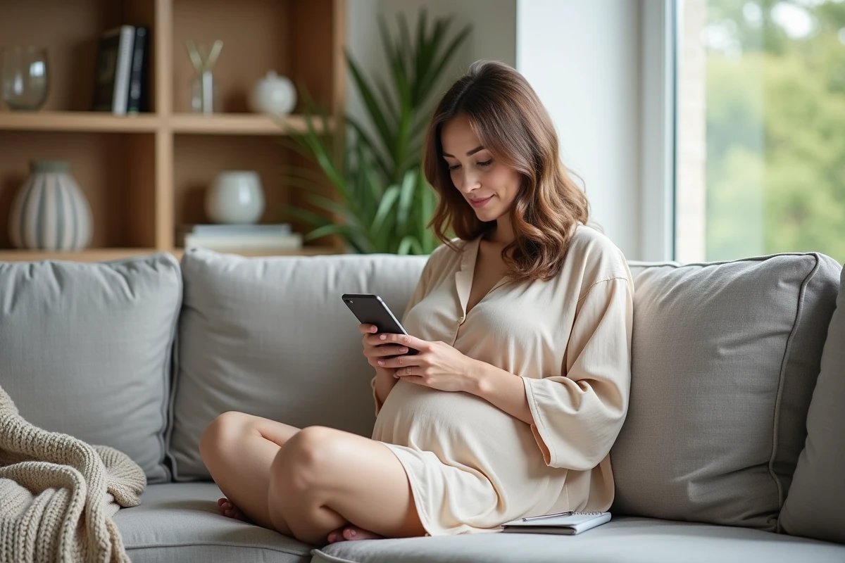 Femme enceinte consultant une liste de naissance sur son smartphone installée confortablement dans son salon