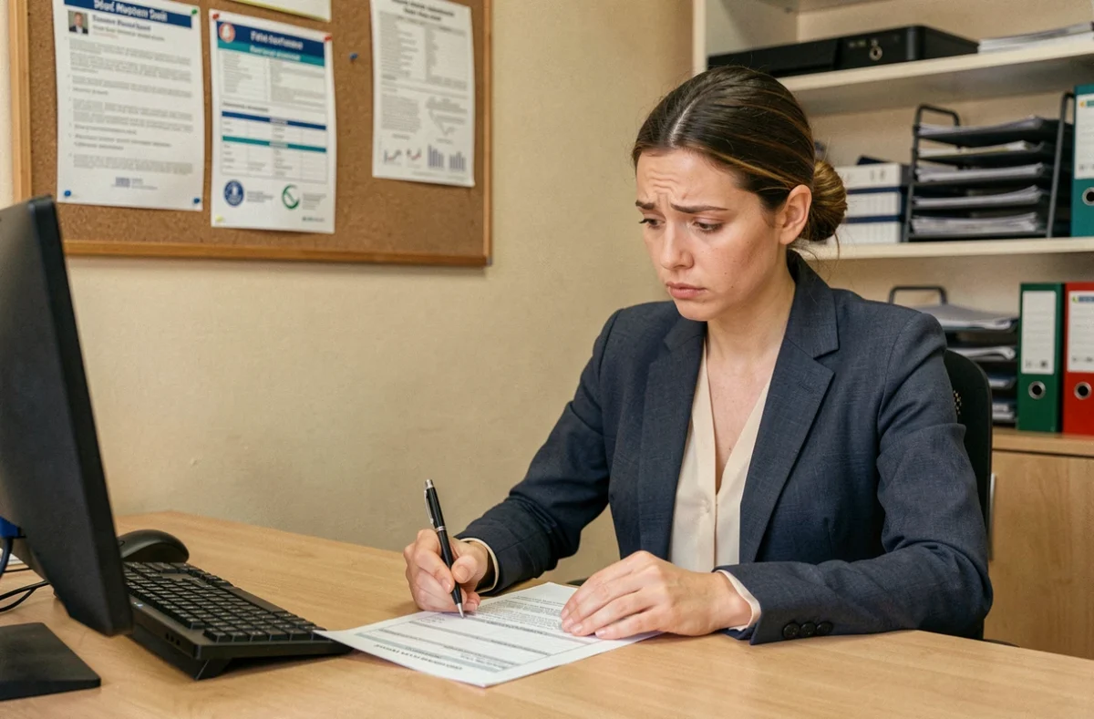 Femme lisant un formulaire administratif de concubinage dans une mairie
