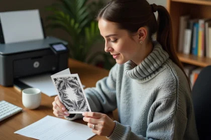 Femme imprimant une carte de Noël en noir et blanc à son bureau à la maison pour une impression économique