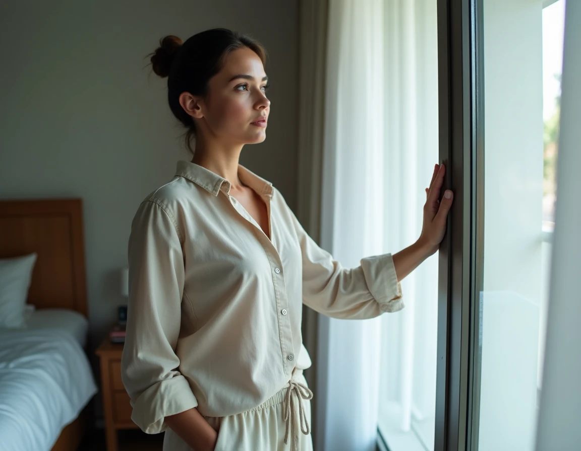 Femme debout près d'une fenêtre dans une chambre, regard perdu dans ses pensées, illustrant l'isolement émotionnel dans le couple