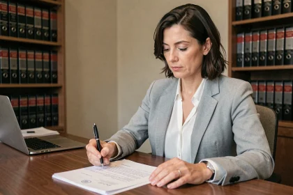 Femme en blazer gris relisant une lettre juridique concernant la renonciation à la soulte lors d'un divorce