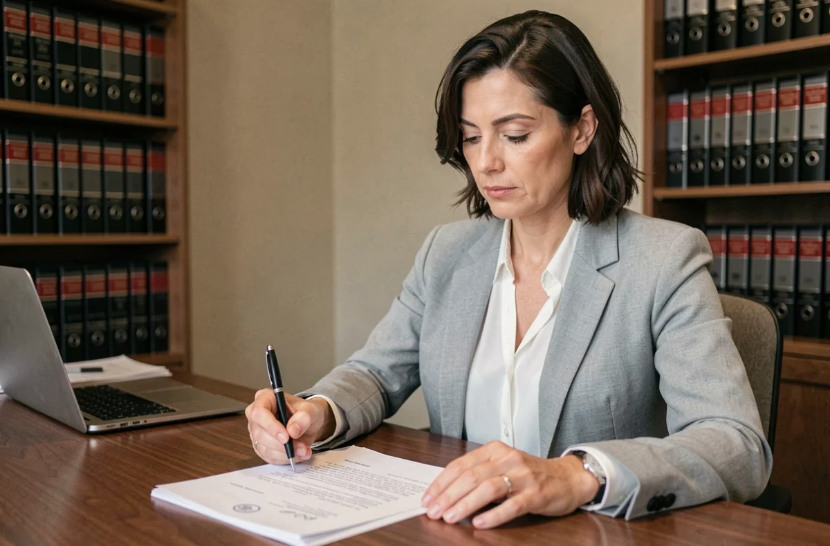 Femme en blazer gris relisant une lettre juridique concernant la renonciation à la soulte lors d'un divorce