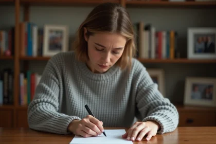 Femme contemplant une lettre dans un int&eacute;rieur chaleureux