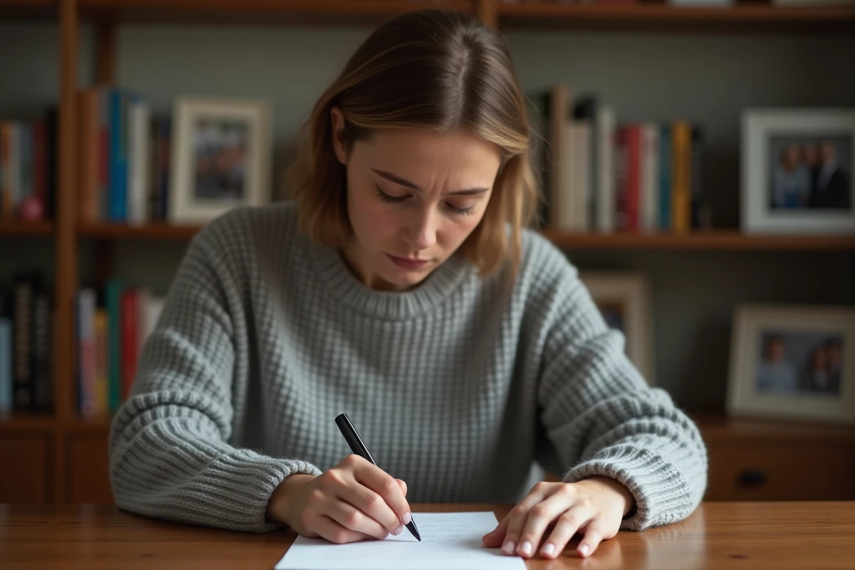 Femme contemplant une lettre dans un intérieur chaleureux