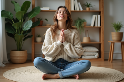 Femme assise en m&eacute;ditation dans un salon chaleureux