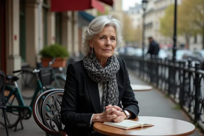 Femme &eacute;l&eacute;gante assise &agrave; un caf&eacute; parisien en terrasse