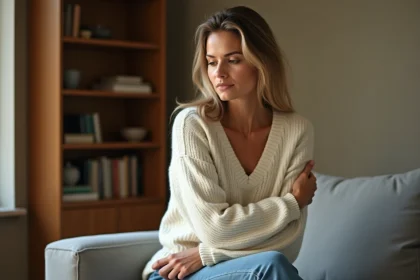 Femme pensive assise sur un canapé gris, les bras croisés, illustrant la distance émotionnelle dans un couple