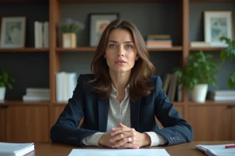 Femme politique en bureau avec expression attentive
