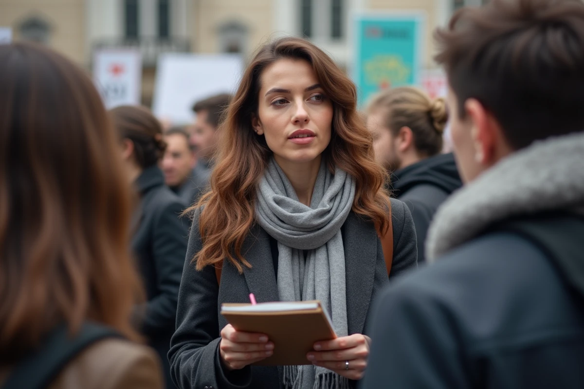 Jeune femme politique lors d une demonstration urbaine