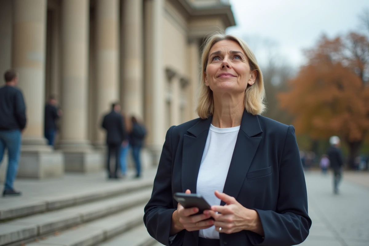 Femme élégante en blazer marine réfléchissant devant un bâtiment parisien, symbole de la mère publique protégeant la vie privée de ses enfants