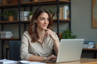 Femme en bureau de rédaction regardant son ordinateur