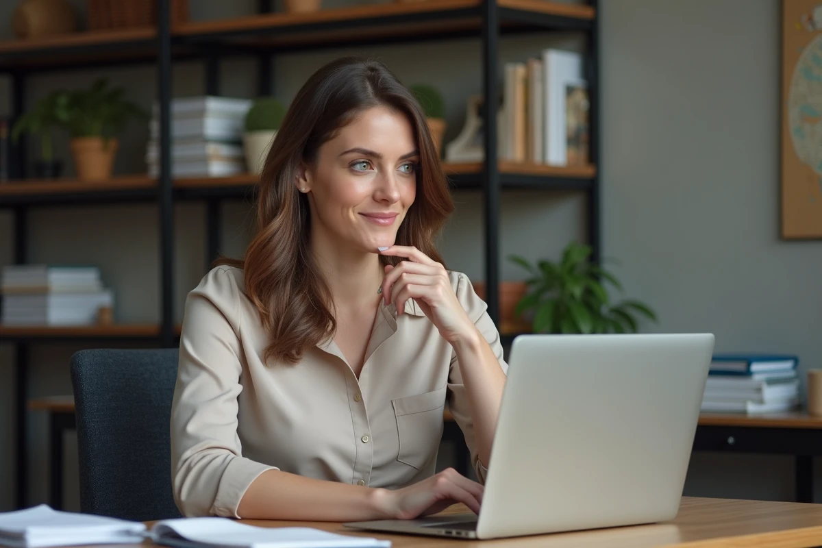 Femme en bureau de rédaction regardant son ordinateur