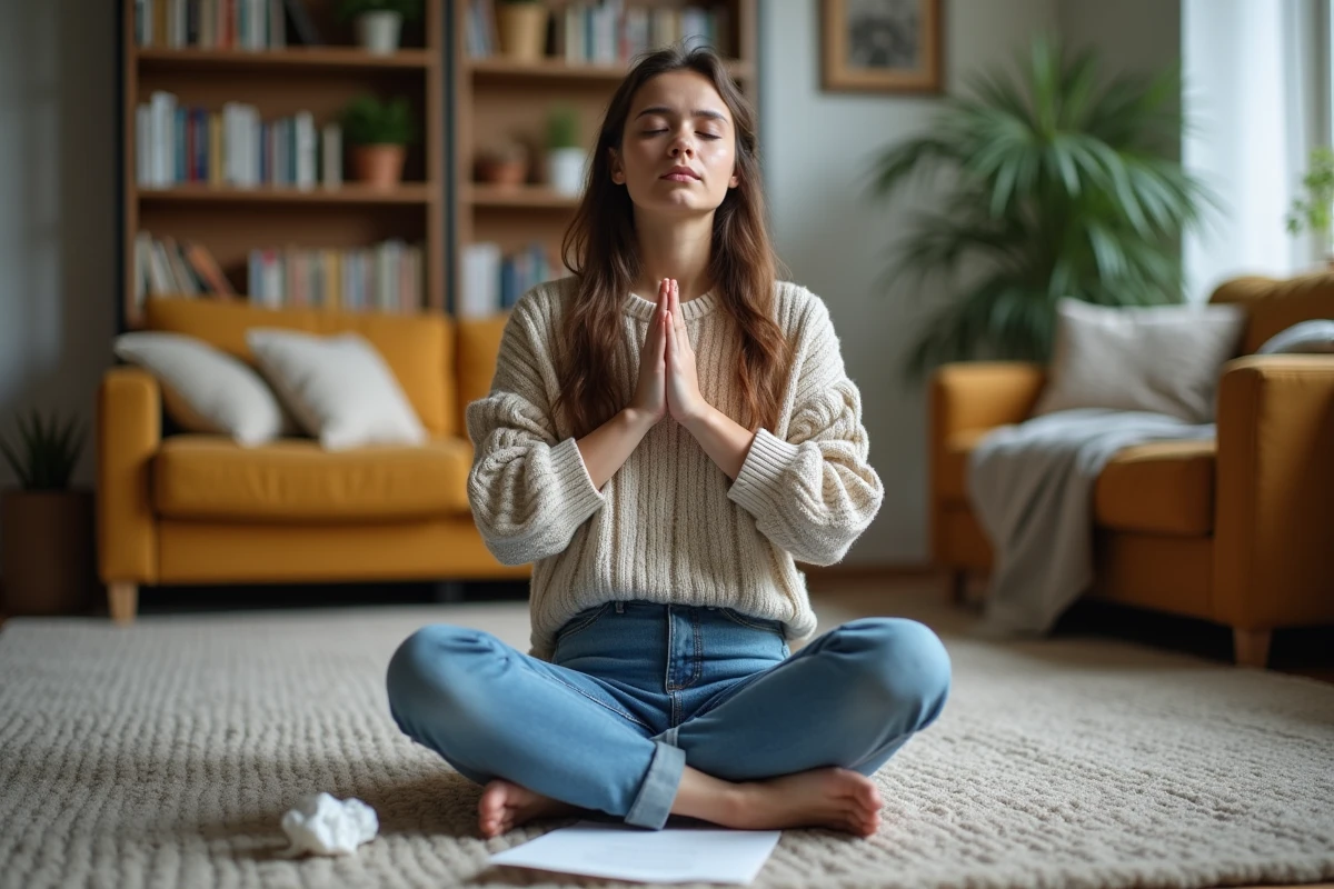 Jeune femme détendue méditant dans un salon cosy