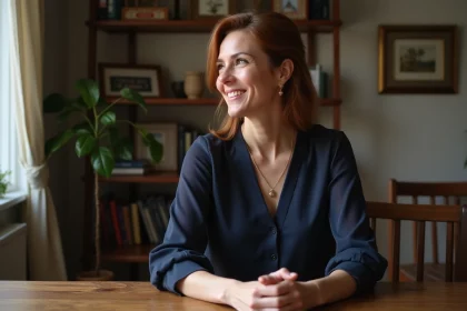 Femme m&eacute;ditative dans un salon chaleureux et &eacute;l&eacute;gant