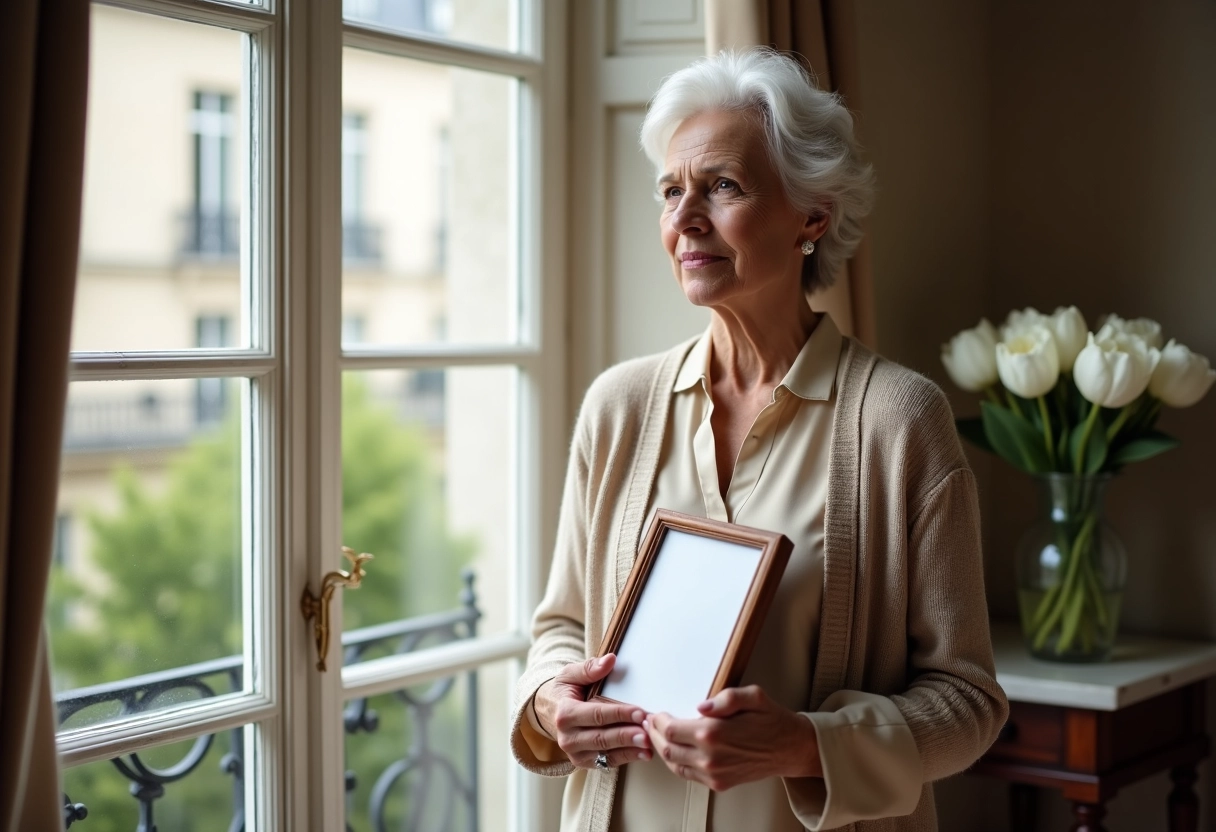 Femme &acirc;g&eacute;e tenant une photo dans un int&eacute;rieur parisien