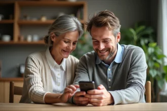 Femme et son fils avec Down syndrome utilisant un smartphone ensemble