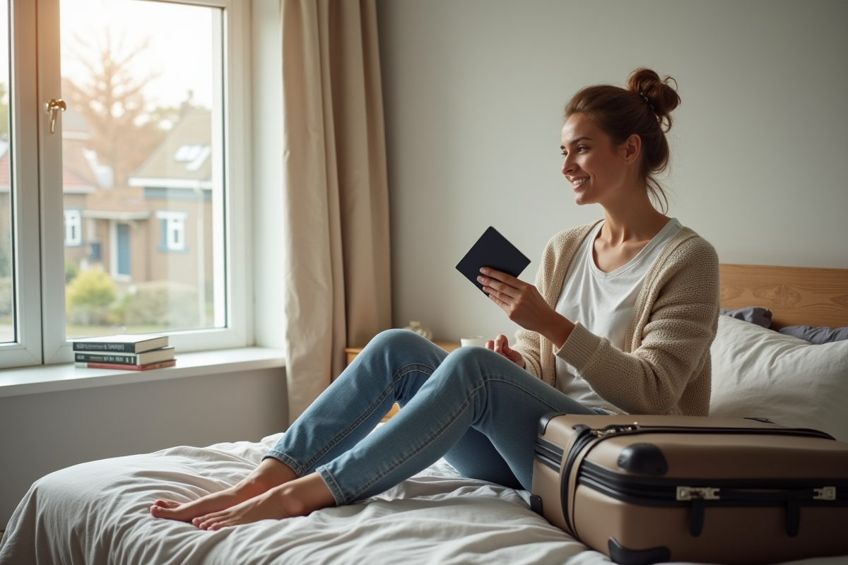 Femme assise sur le lit avec passeport et valise à moitié préparée