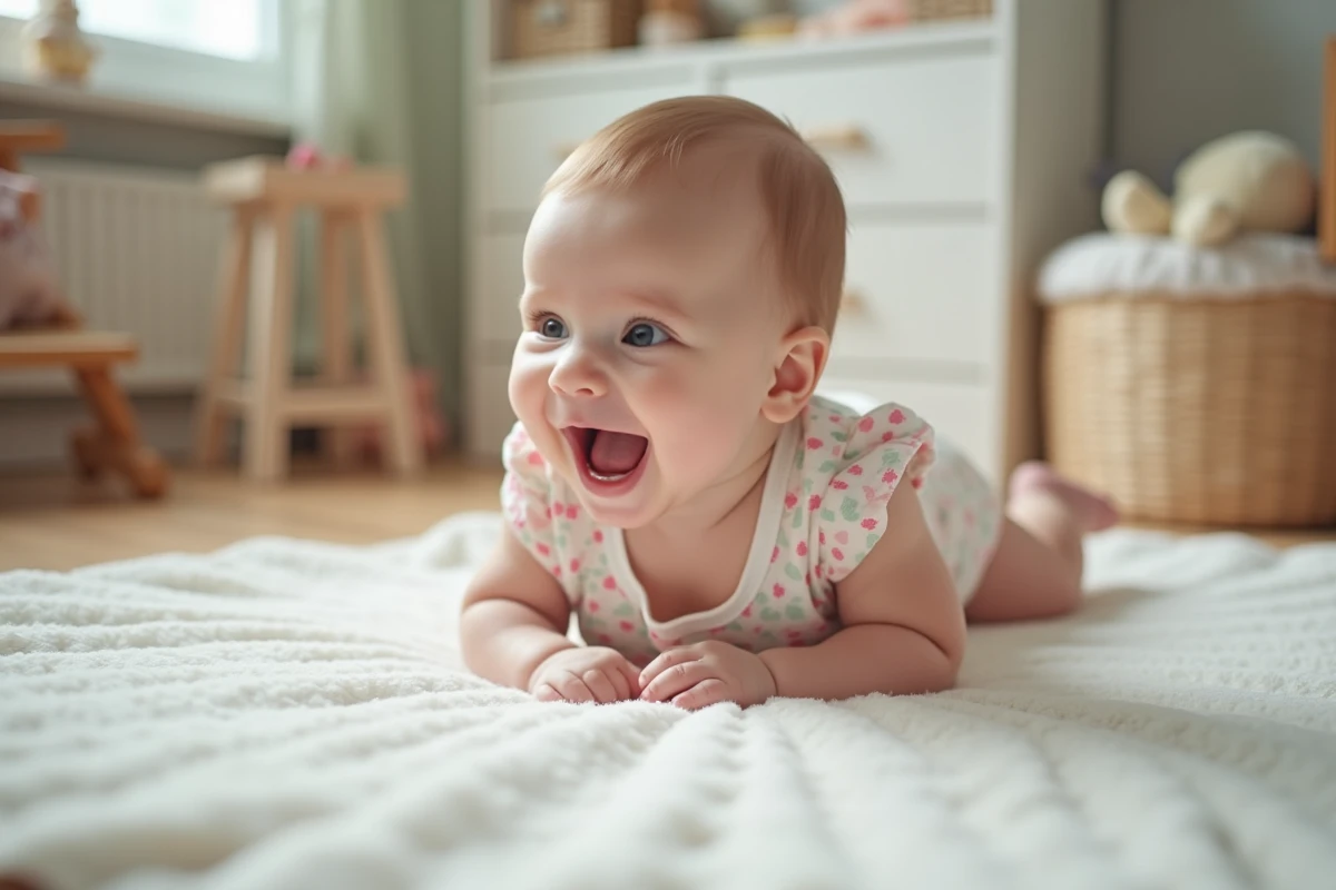 B&eacute;b&eacute; fille de 7 mois tentant de se retourner sur un tapis de jeu