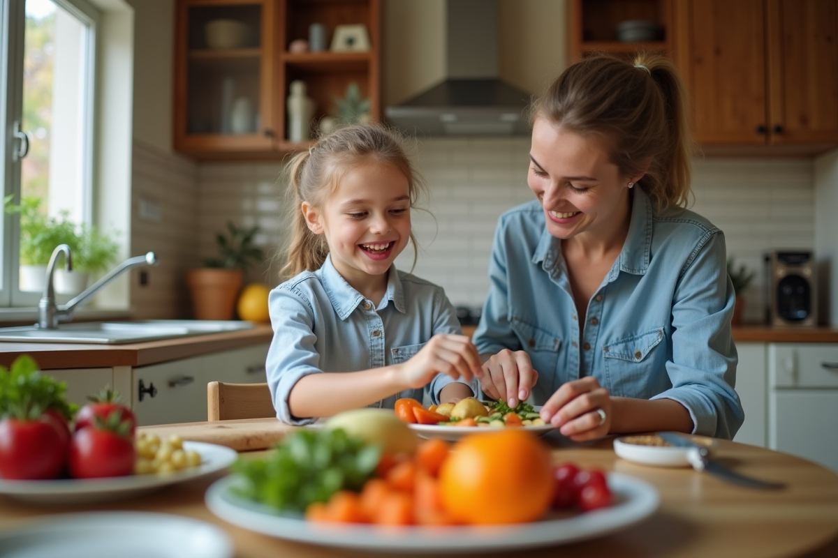 Fille de 10 ans préparant un plat de fruits et légumes avec sa mère