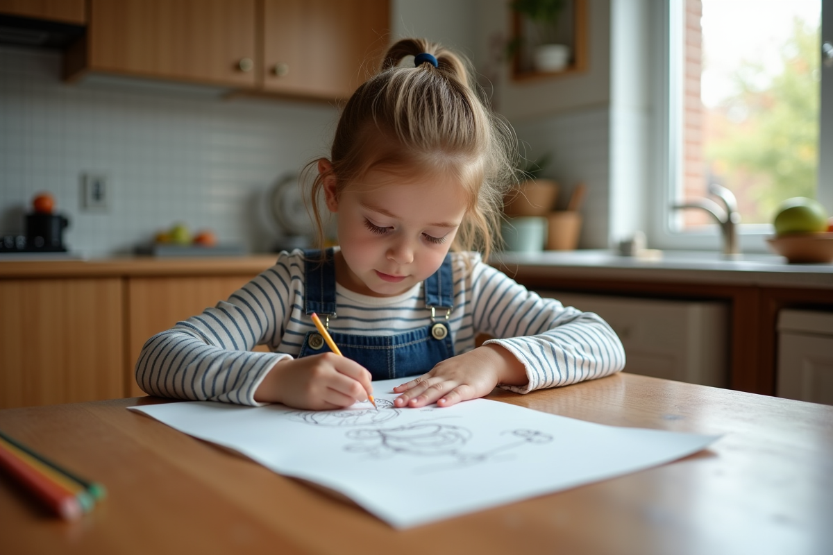 Jeune fille de 10 ans dessinant tranquillement à la table de cuisine