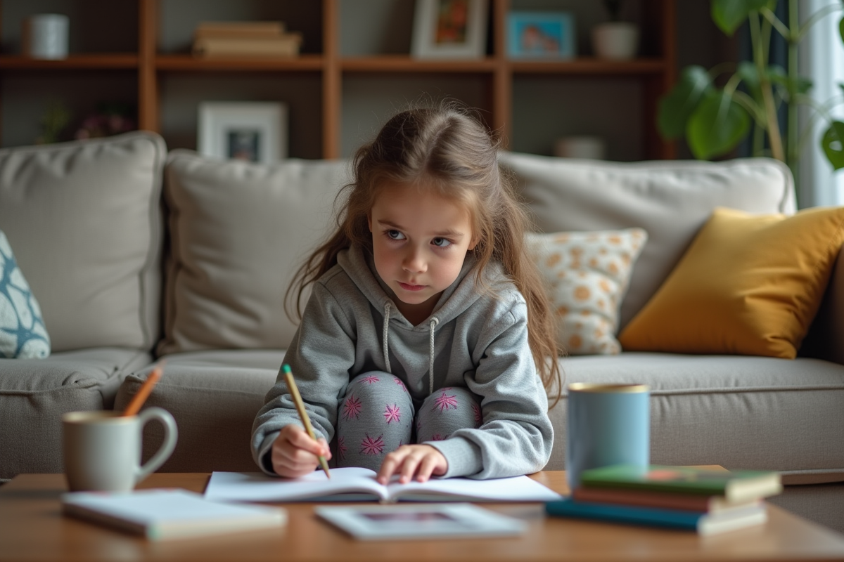 Fille de 9 ans faisant ses devoirs dans le salon