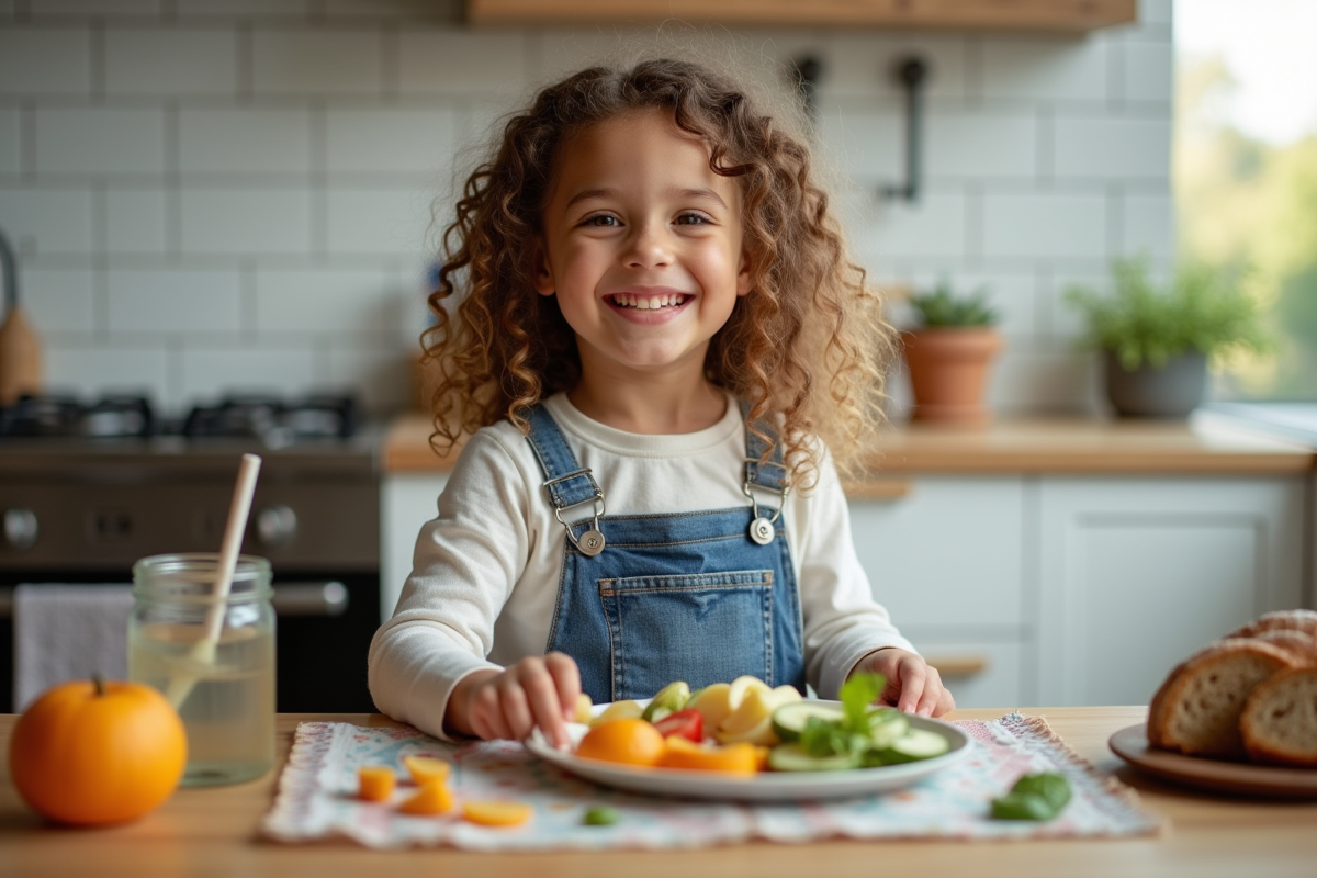 Fille souriante de six ans avec fruits et légumes