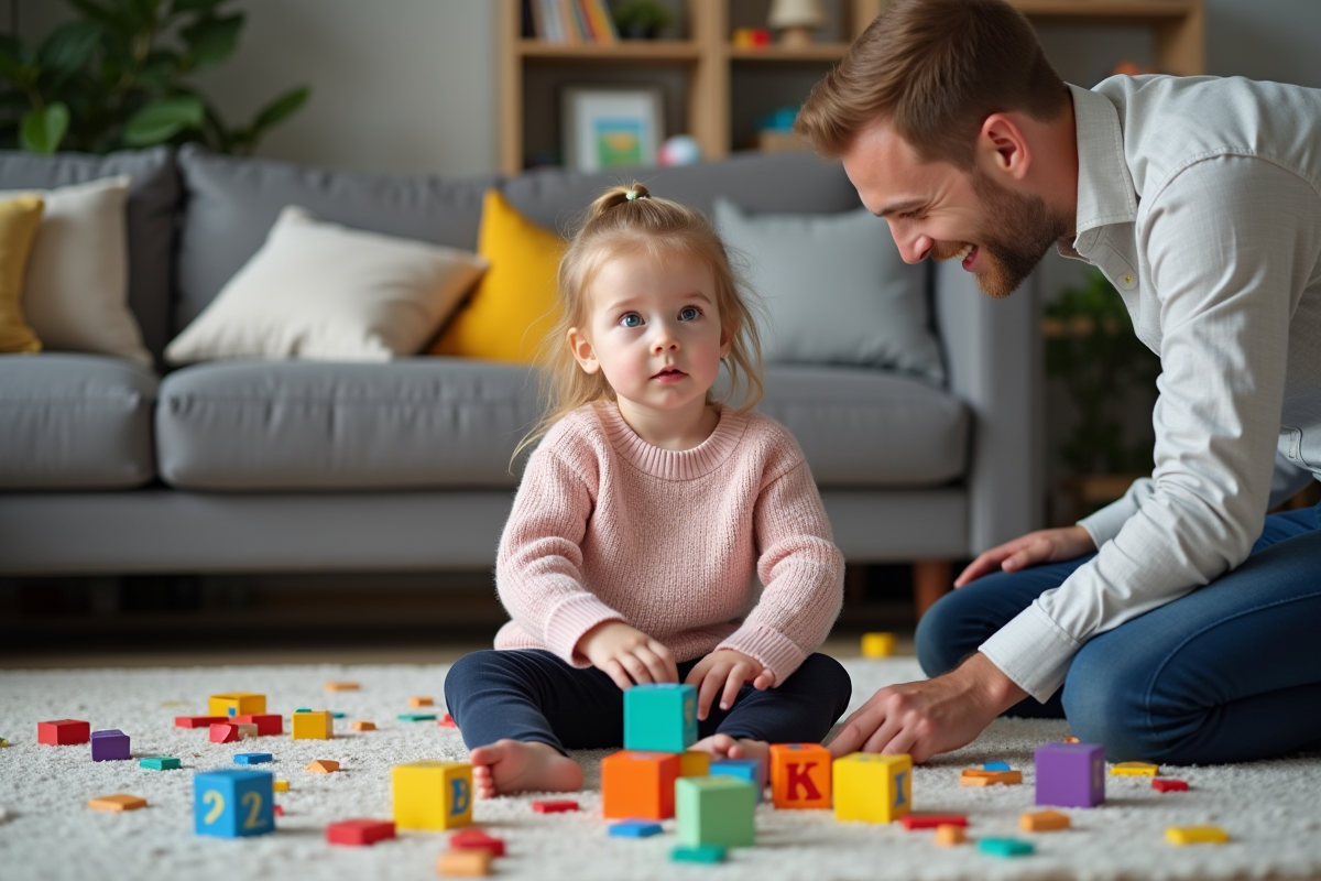 Fille de 4 ans joue avec des blocs de lettres