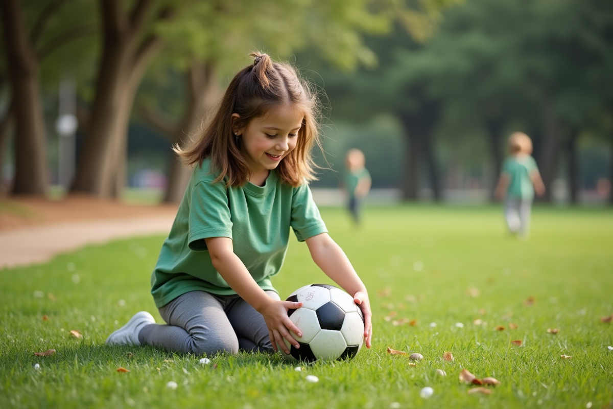 Fille de 9 ans prépare un tir au soccer dans un parc