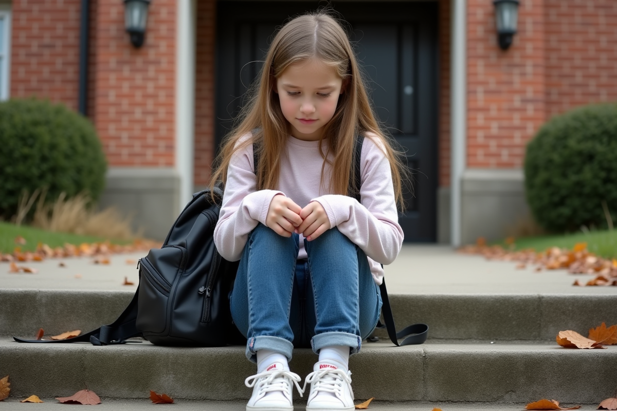 Fille assise sur les escaliers d ecole avec souci