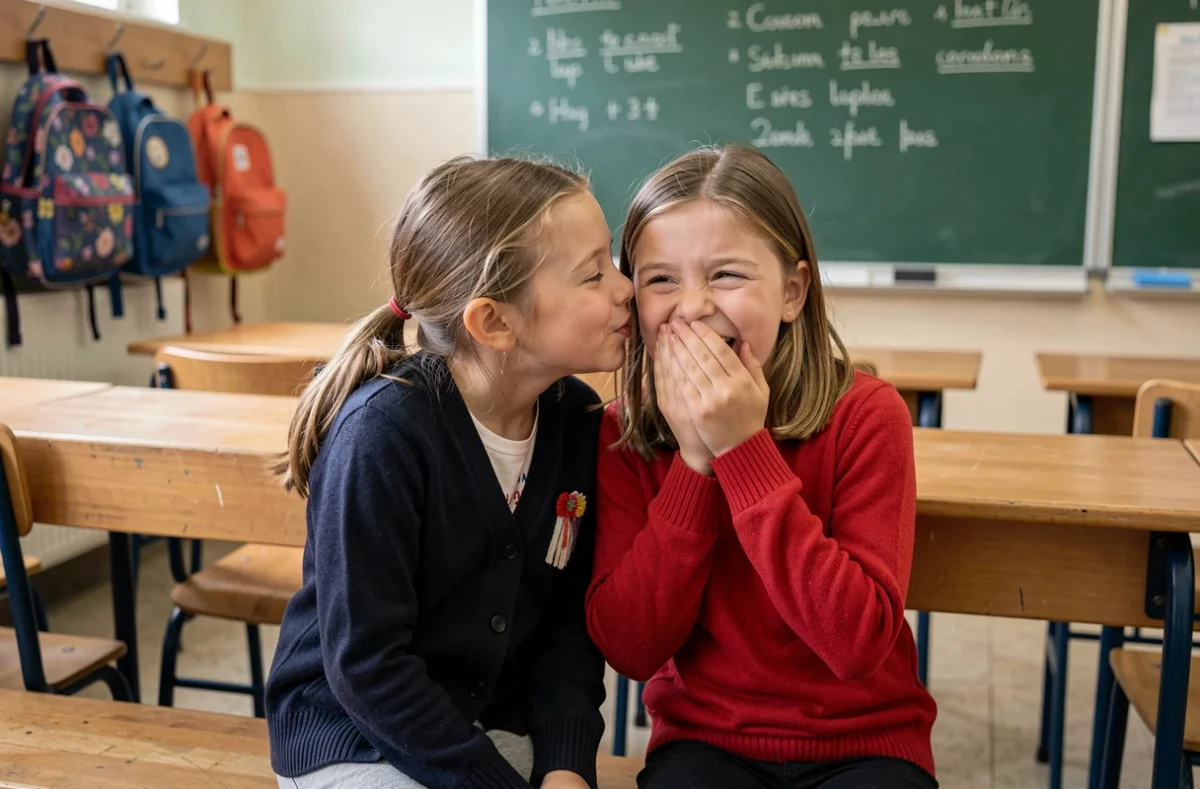 Deux filles de 8 ans partageant une blague en classe dans une école primaire française