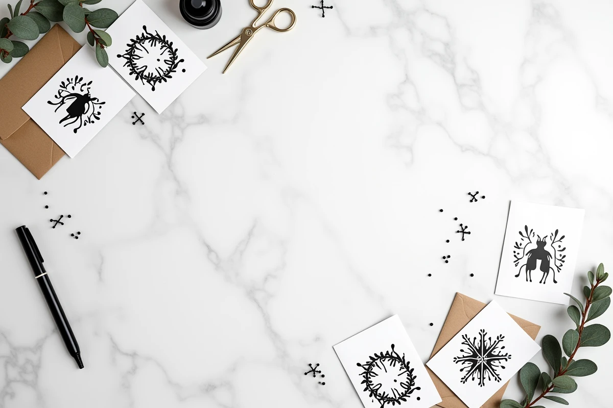 Flat lay de cartes de Noël imprimées en noir et blanc avec enveloppes kraft et décorations minimalistes