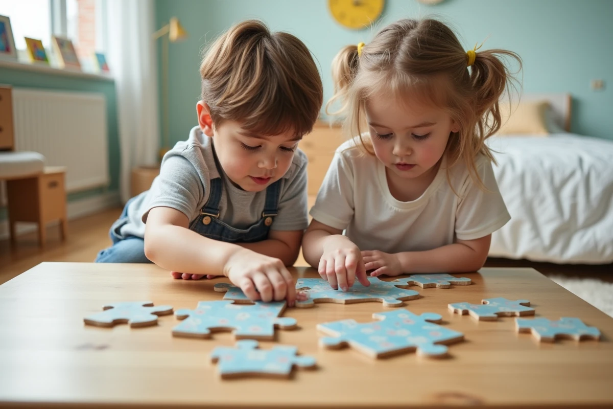 Frère et sœur de 4 et 6 ans assemblant un grand puzzle ensemble sur une table basse dans une chambre d'enfants pastel
