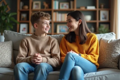 Freres et soeurs assis sur un sofa moderne dans un salon familial