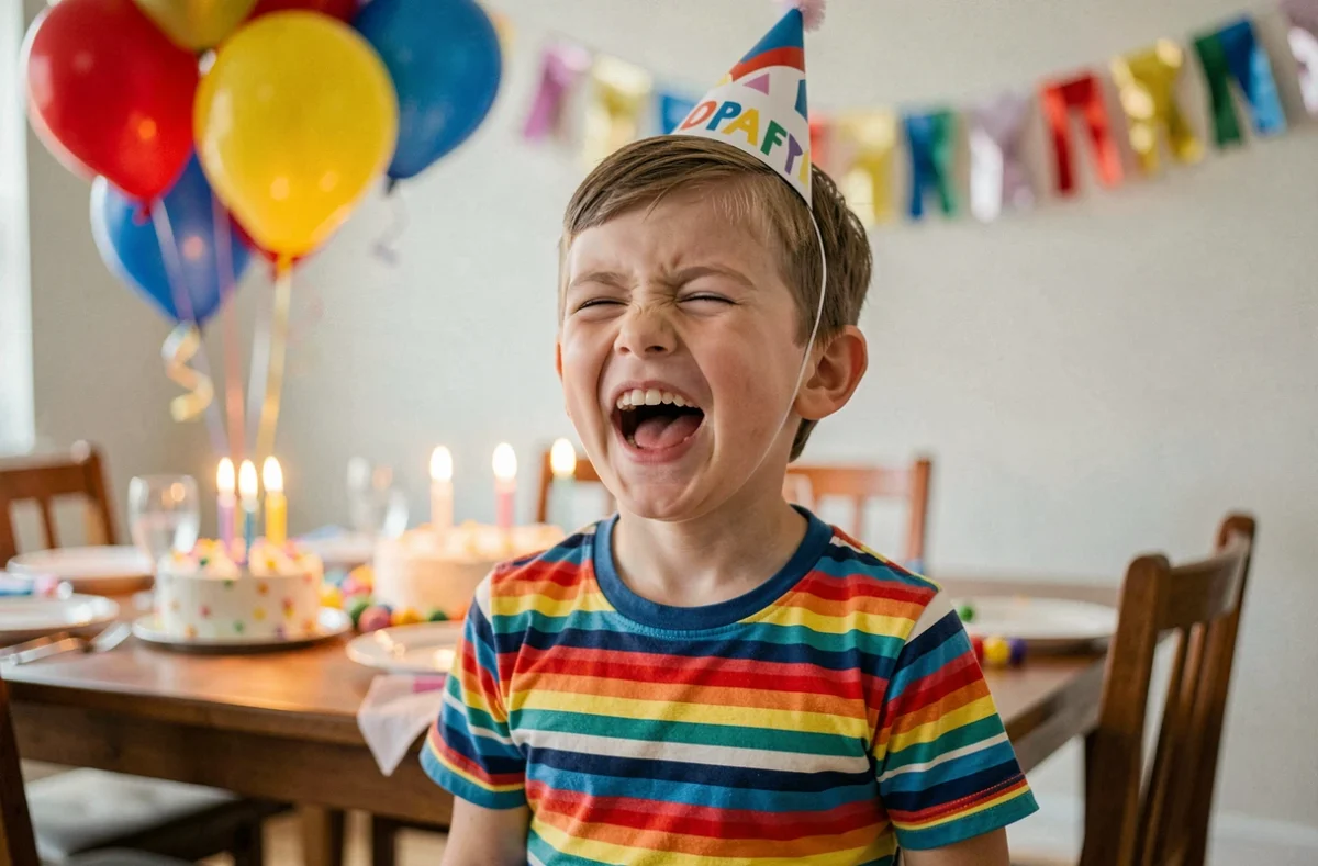 Jeune garçon de 8 ans riant lors d'un anniversaire avec chapeau de fête et gâteau
