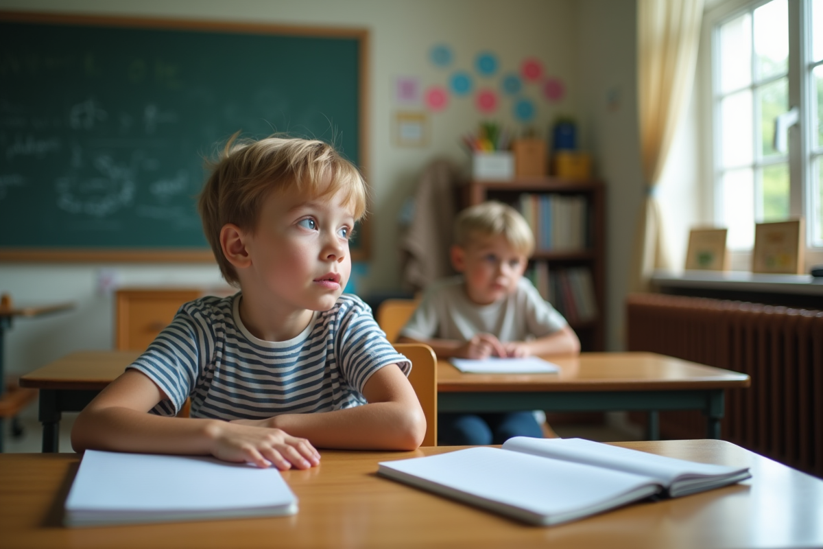 Garçon de 7 ans en classe avec livres et tableau