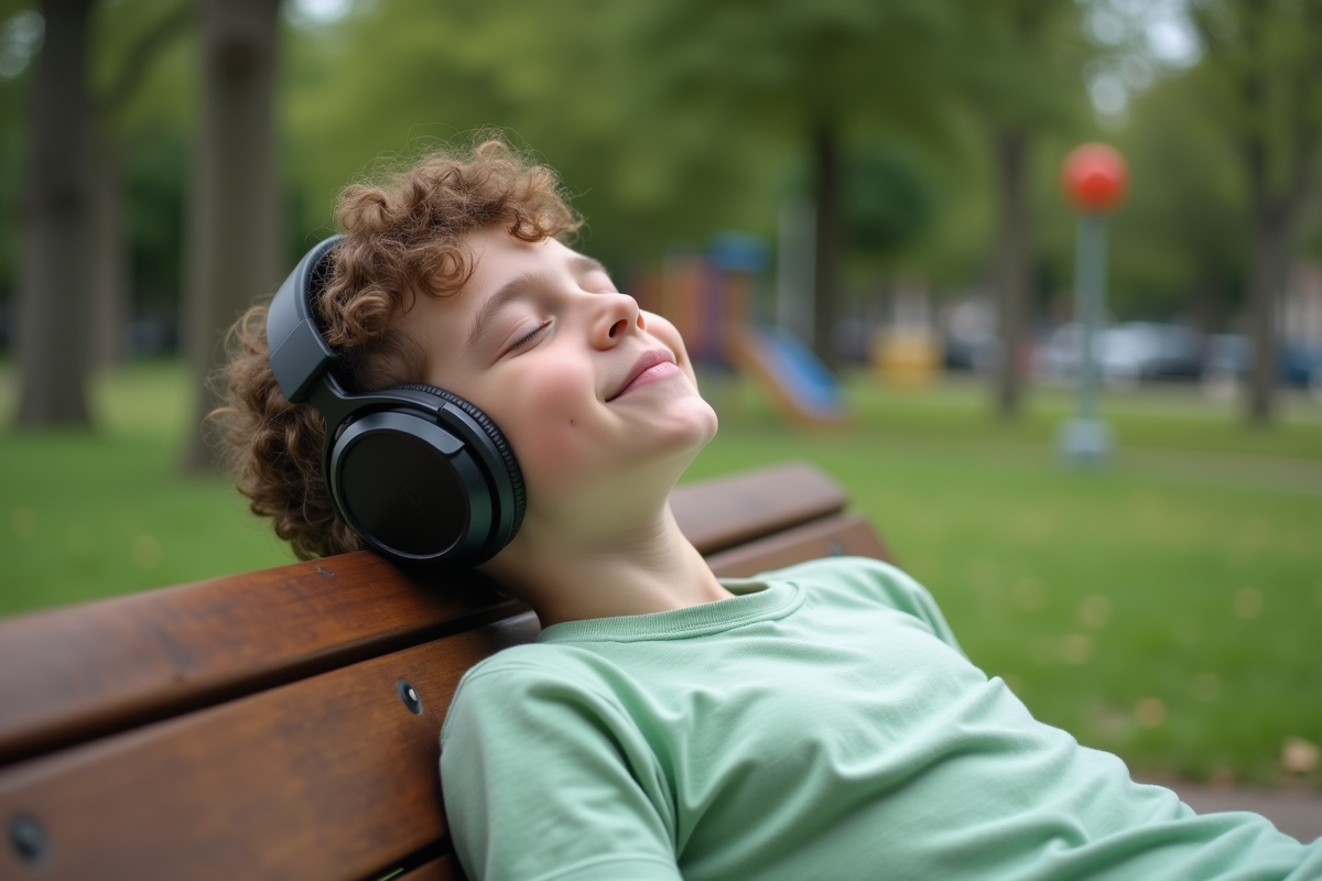 Garçon de 10 ans allongé sur un banc de parc écoute de la musique